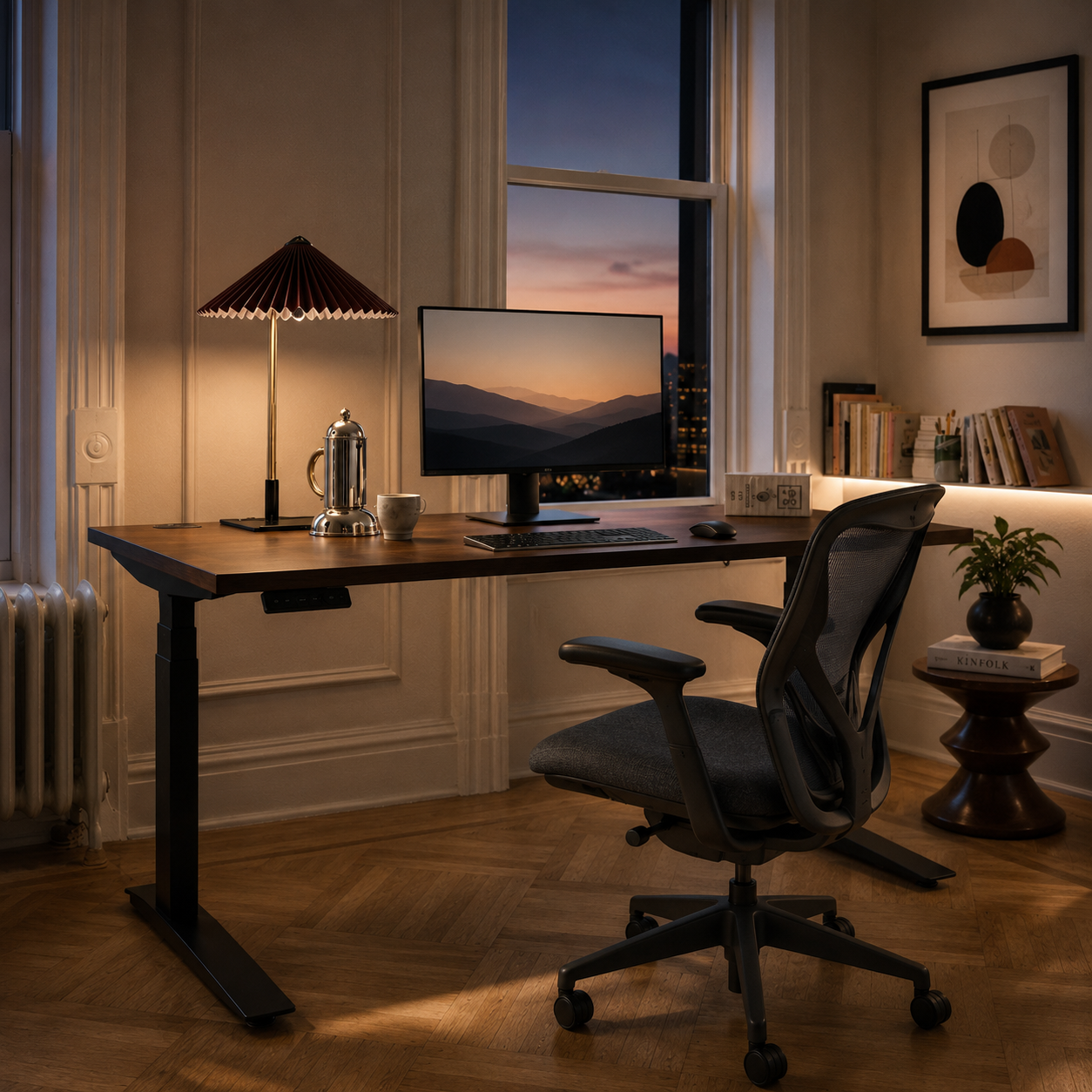 A modern workspace with a city view