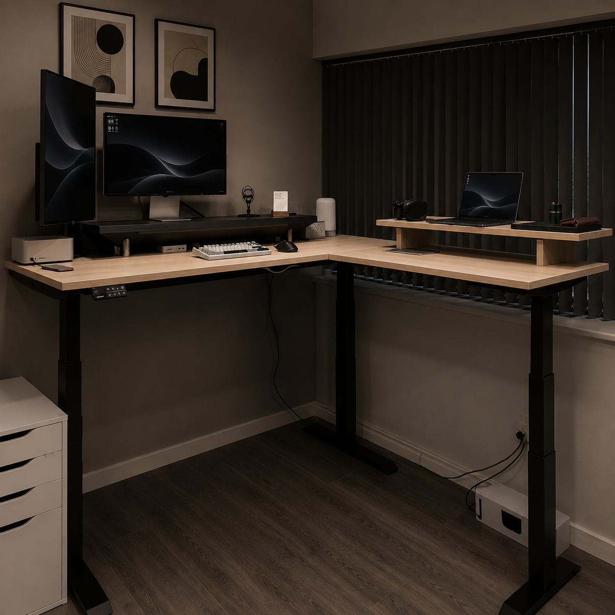 L-shaped Axis height-adjustable computer desk with dual monitors in a home office