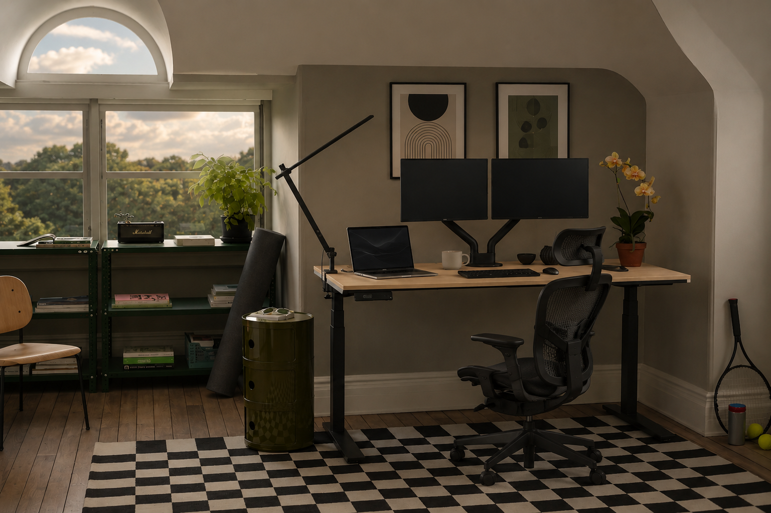 Ergonomic dual-monitor computer desk with adjustable chair in a bright office